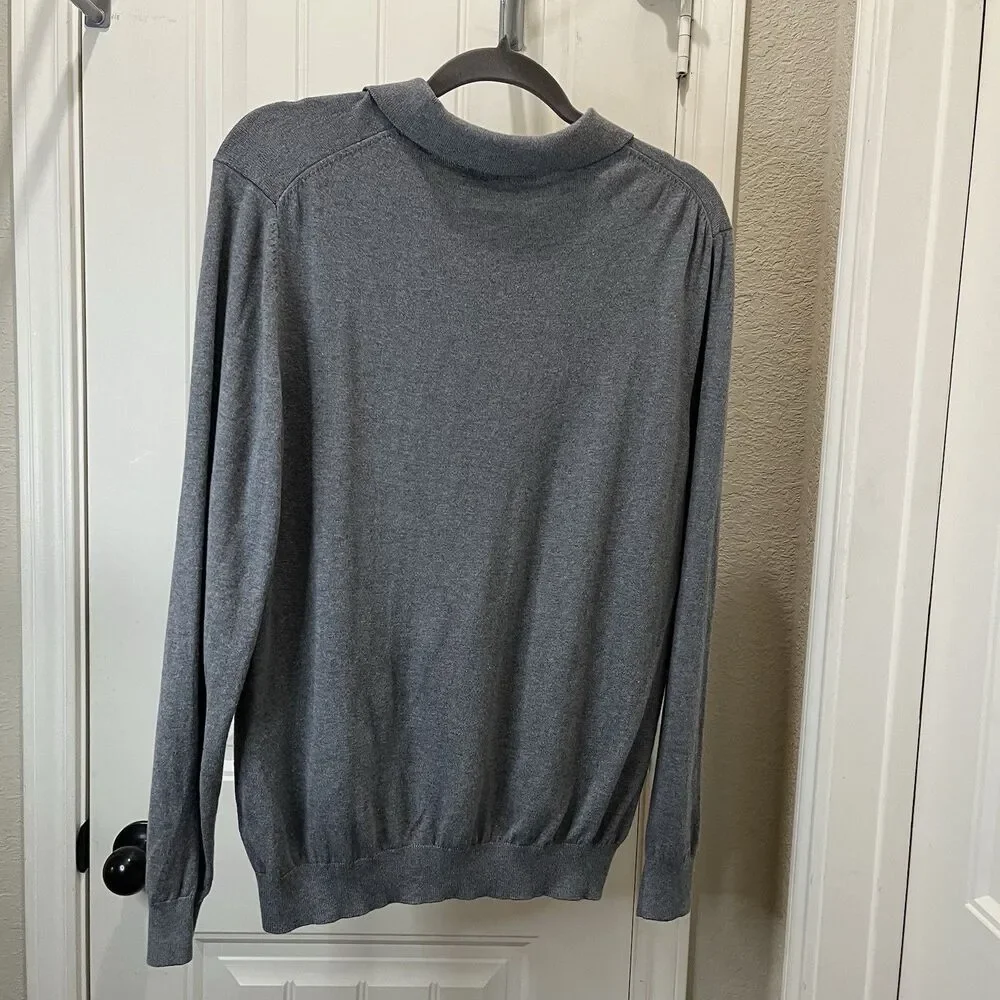 Paul Fredrick Shirt Mens Size L Gray Silk Cotton Cashmere Long Sleeve Polo